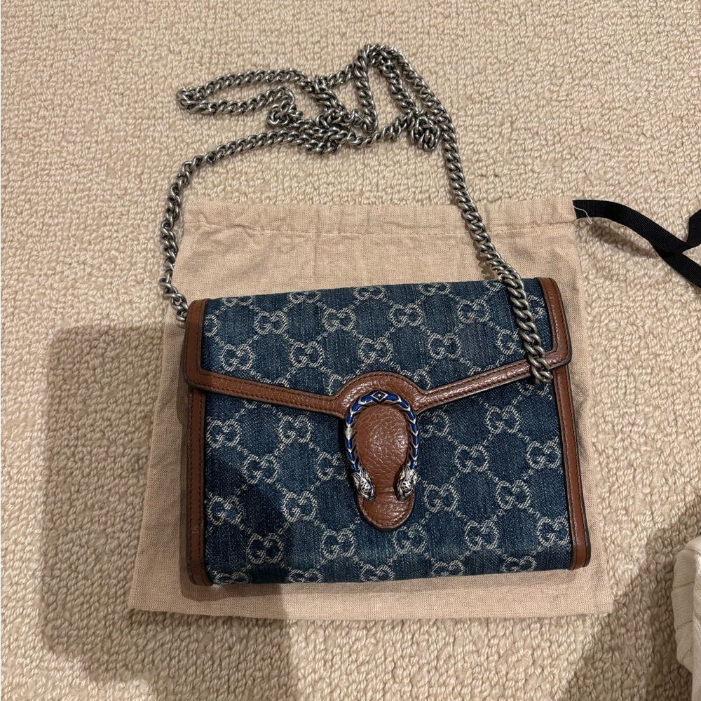 Gucci- Elegant Brown Leather and Denim bag